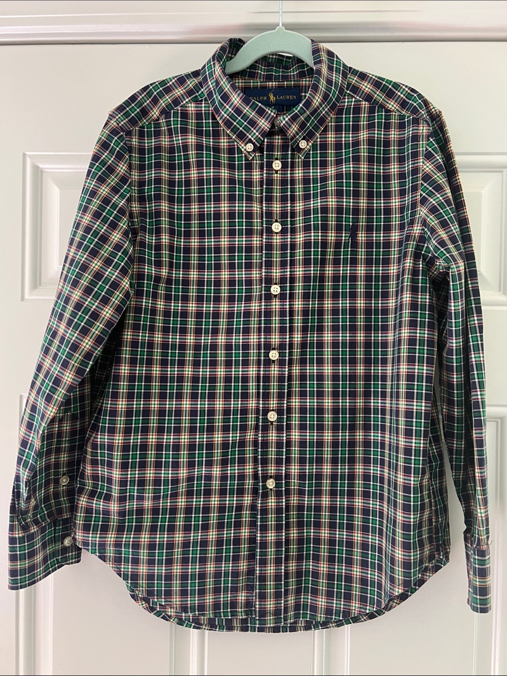 Ralph Lauren Navy and Green Plaid Button-Down Shirt Size:M (10-12)